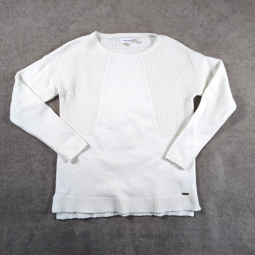 Calvin Klein Sweater Women Small White Rib Knit Acrylic Stretch Crew Neck Winter